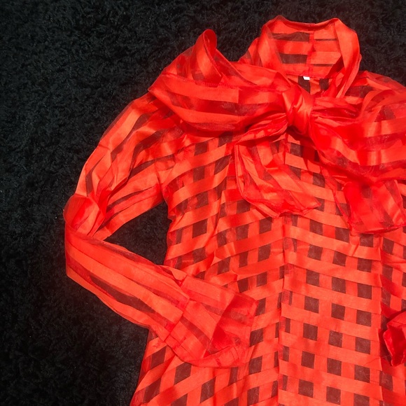 Sheer Red Striped Top w/ Elegant Bow - Picture 3 of 4